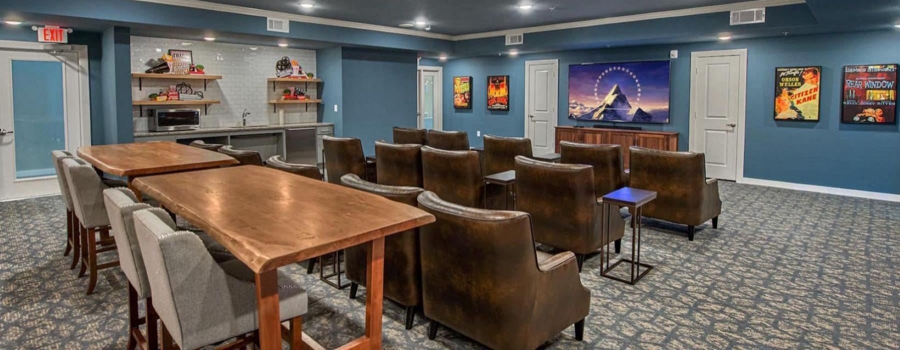 screening room with leather chairs